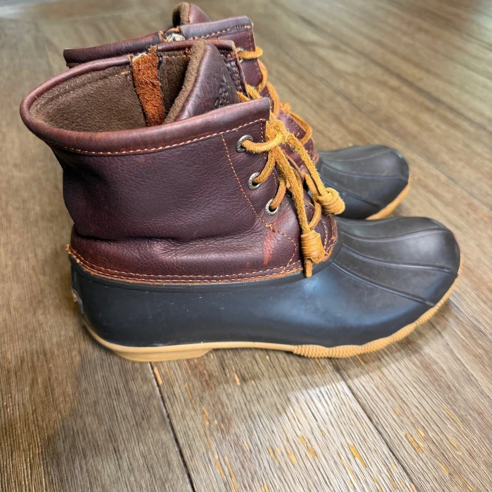 Sperry Saltwater Duck Boots Womens 8M Brown Black Leather Waterproof